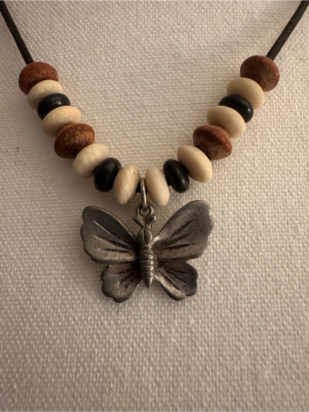 Necklace -  Pewter Butterfly Pendant Beaded Necklace - Neutral Tones